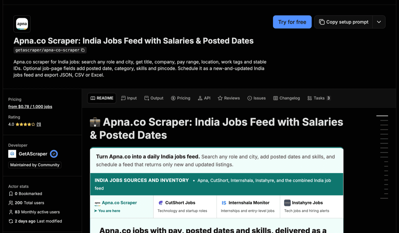 Store page of the GetAScraper Apna.co Scraper showing price, rating and usage stats