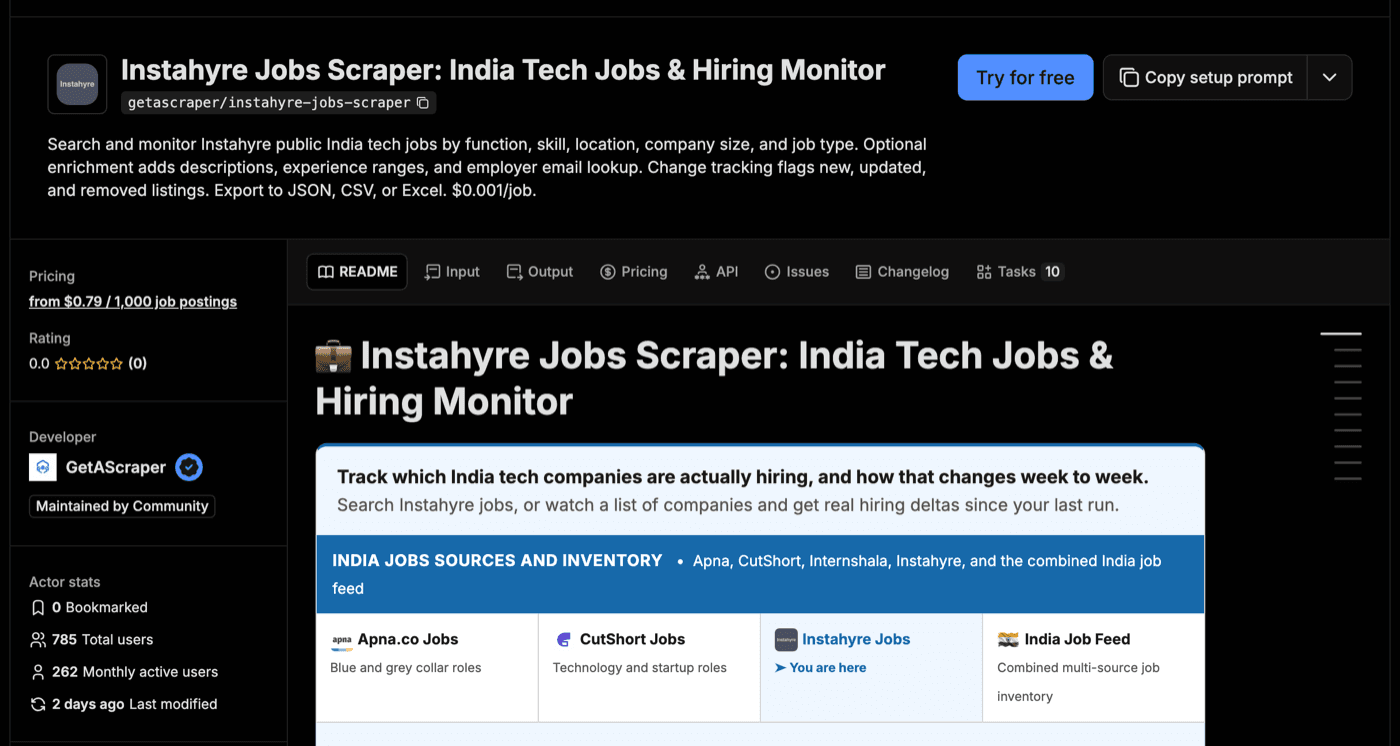 Store page of the GetAScraper Instahyre Jobs Scraper showing price, rating and usage stats