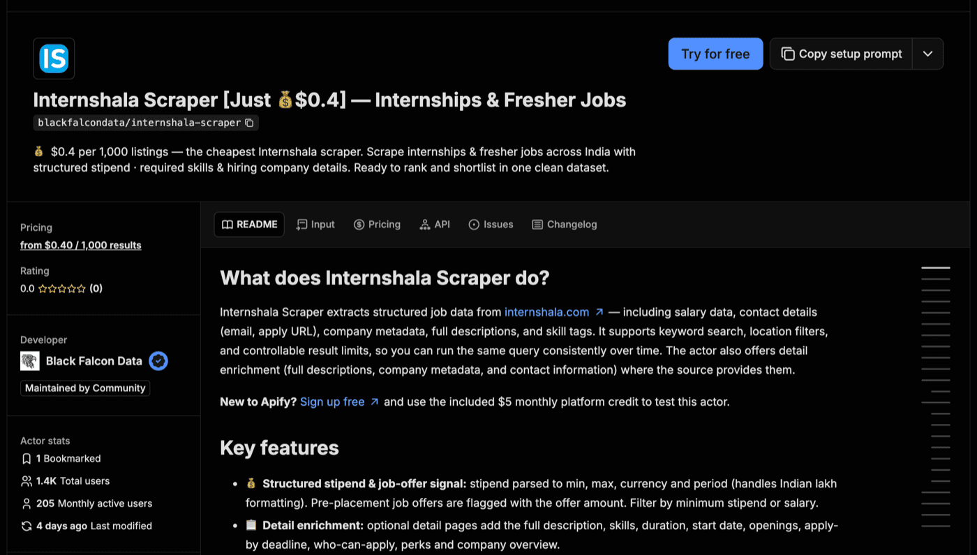Store page of the blackfalcondata Internshala Scraper showing price, rating and usage stats