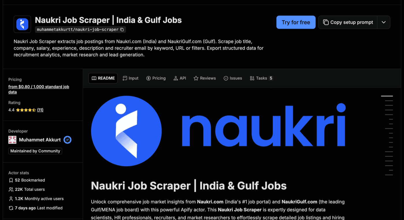Store page of the muhammetakkurtt Naukri Job Scraper for India and Gulf jobs showing price, rating and usage stats
