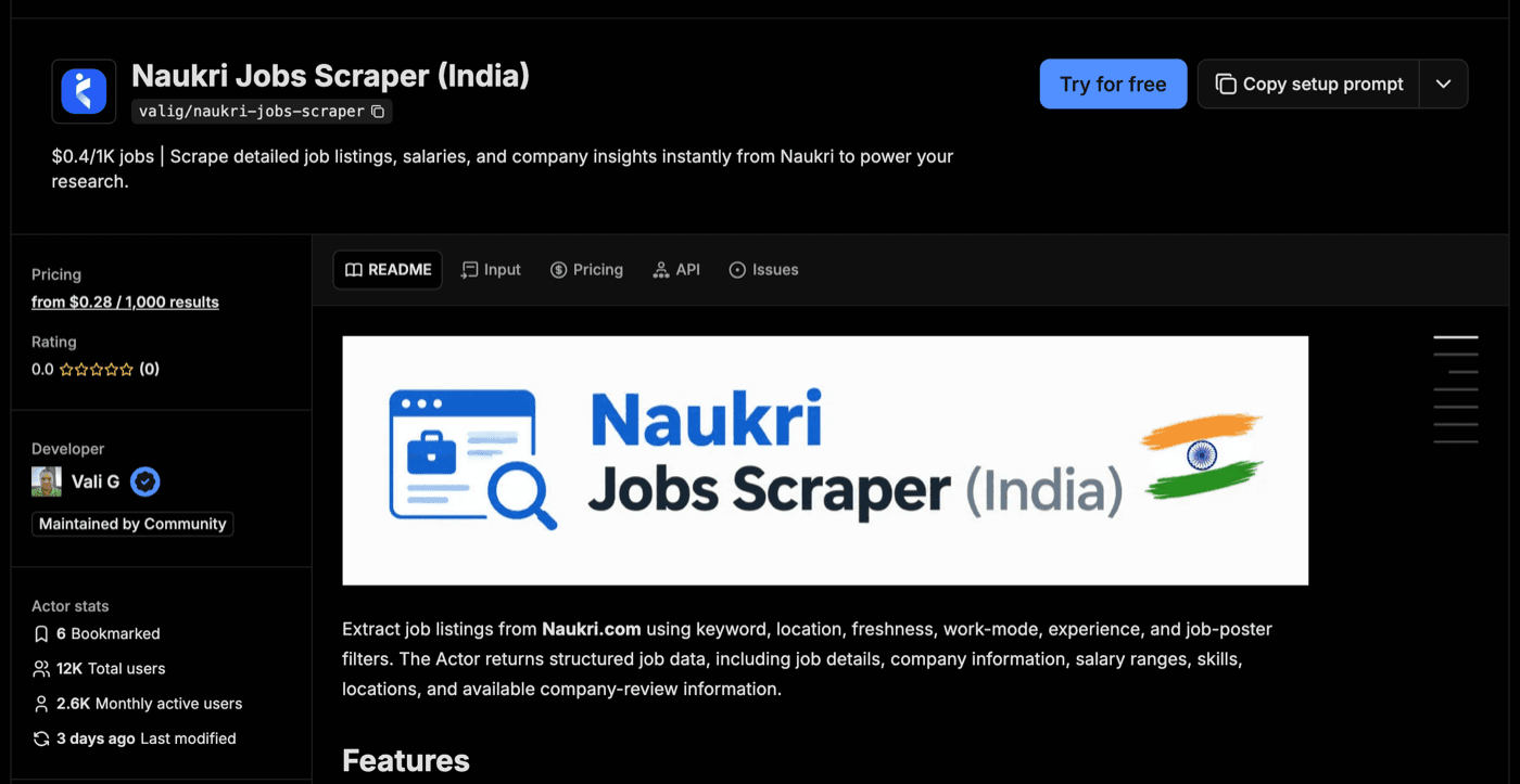 Store page of the valig Naukri Jobs Scraper (India) showing price, rating, developer and usage stats