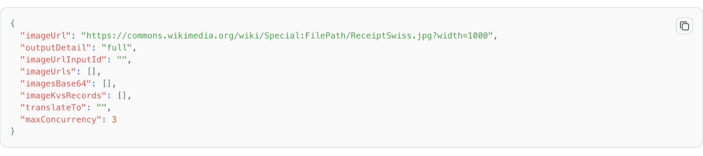 Apify run input for the Google Lens OCR Actor with one image URL and the output detail set to full