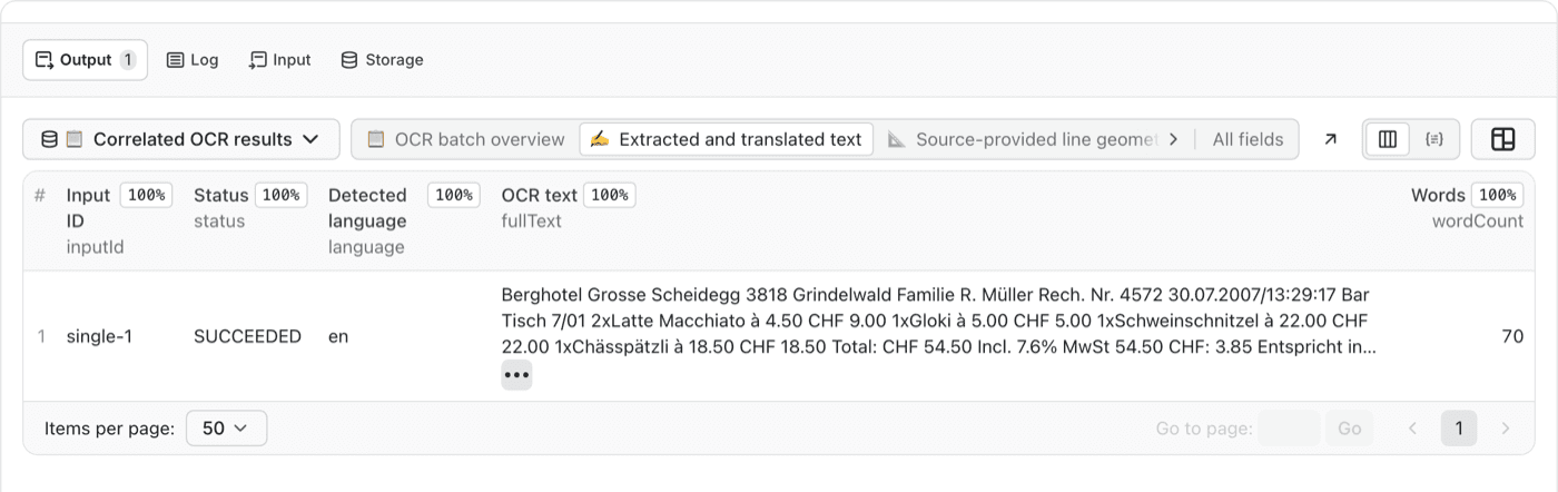 Apify dataset row for the receipt image showing status SUCCEEDED, detected language en, the start of the OCR text and a word count of 70